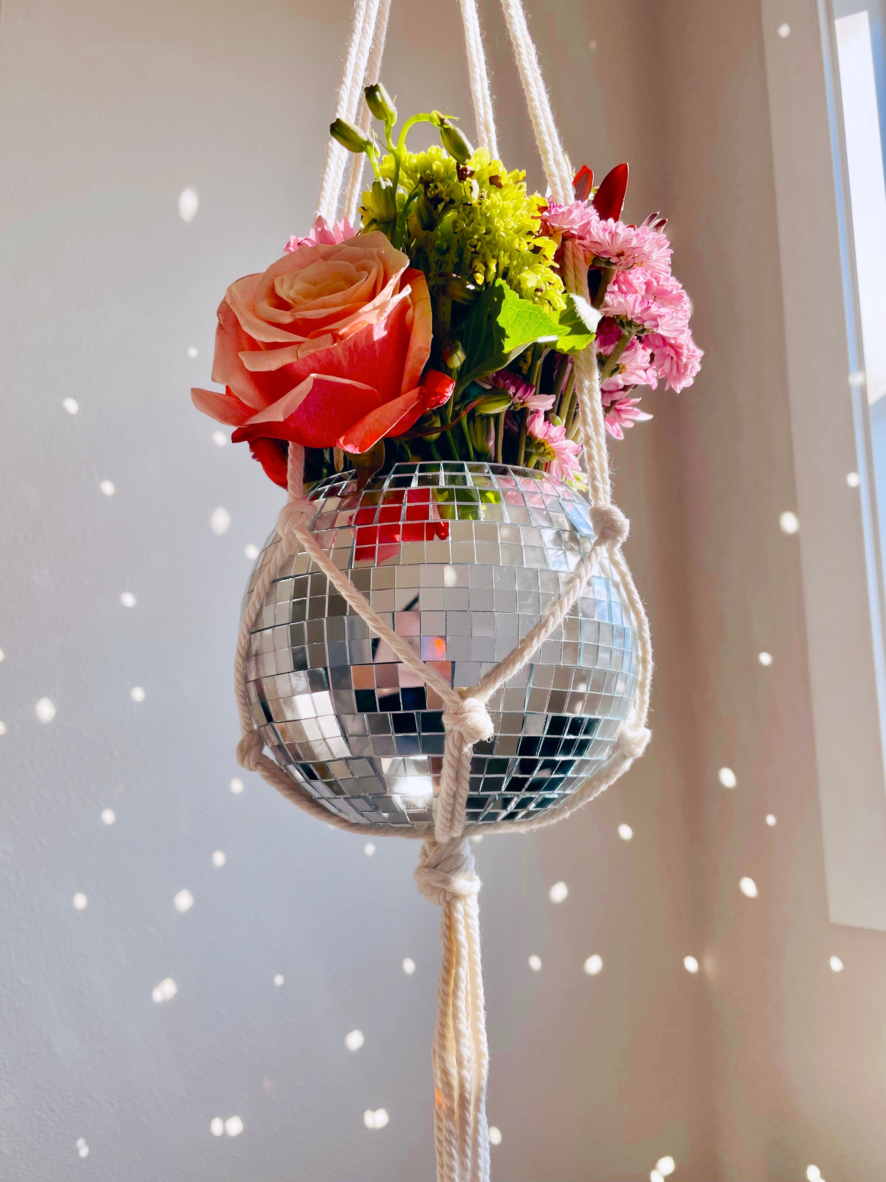 Fashion White Disco Ball Hanger / Chunky Macrame Plant Hanger